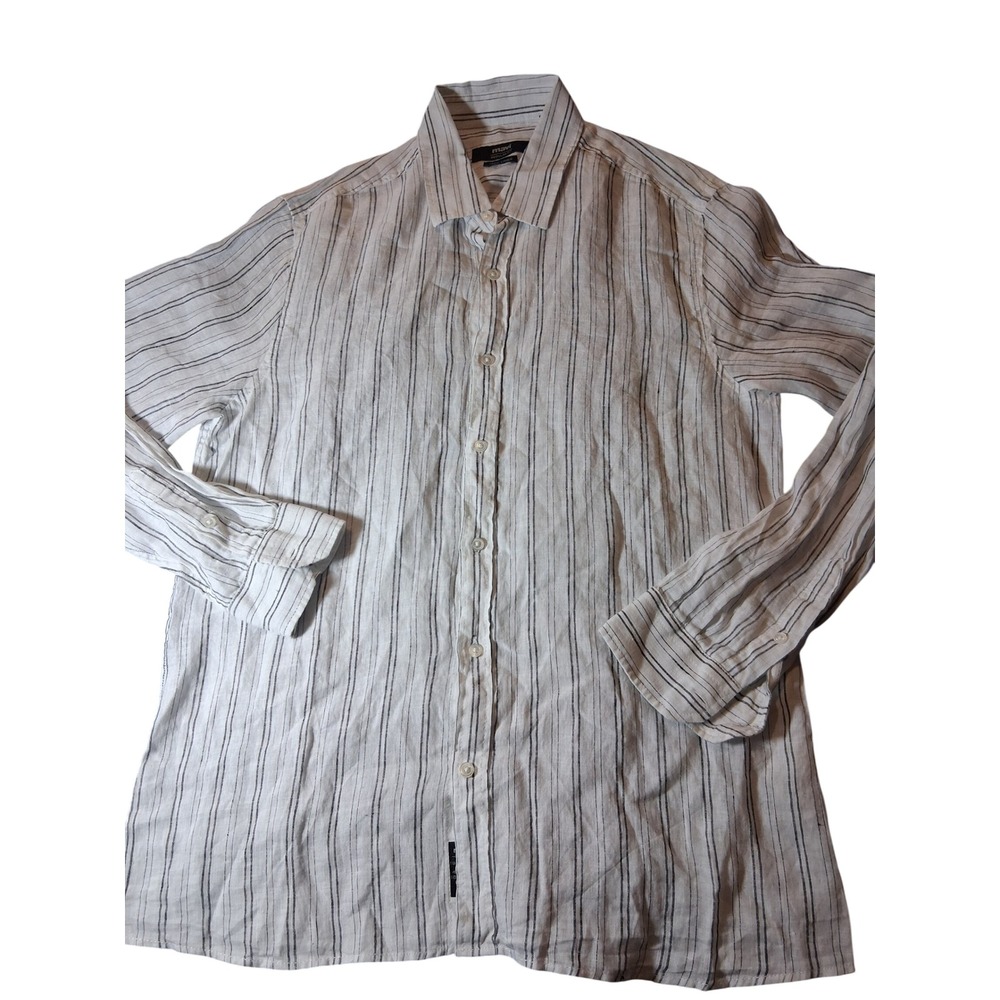 Mavi Mens Regular Fit 100% Linen Button Down Shirt White Grey Striped Large